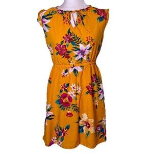 Women's Mustard Yellow Tropical Floral Tie Neck Elastic Waist Sundress Size Med